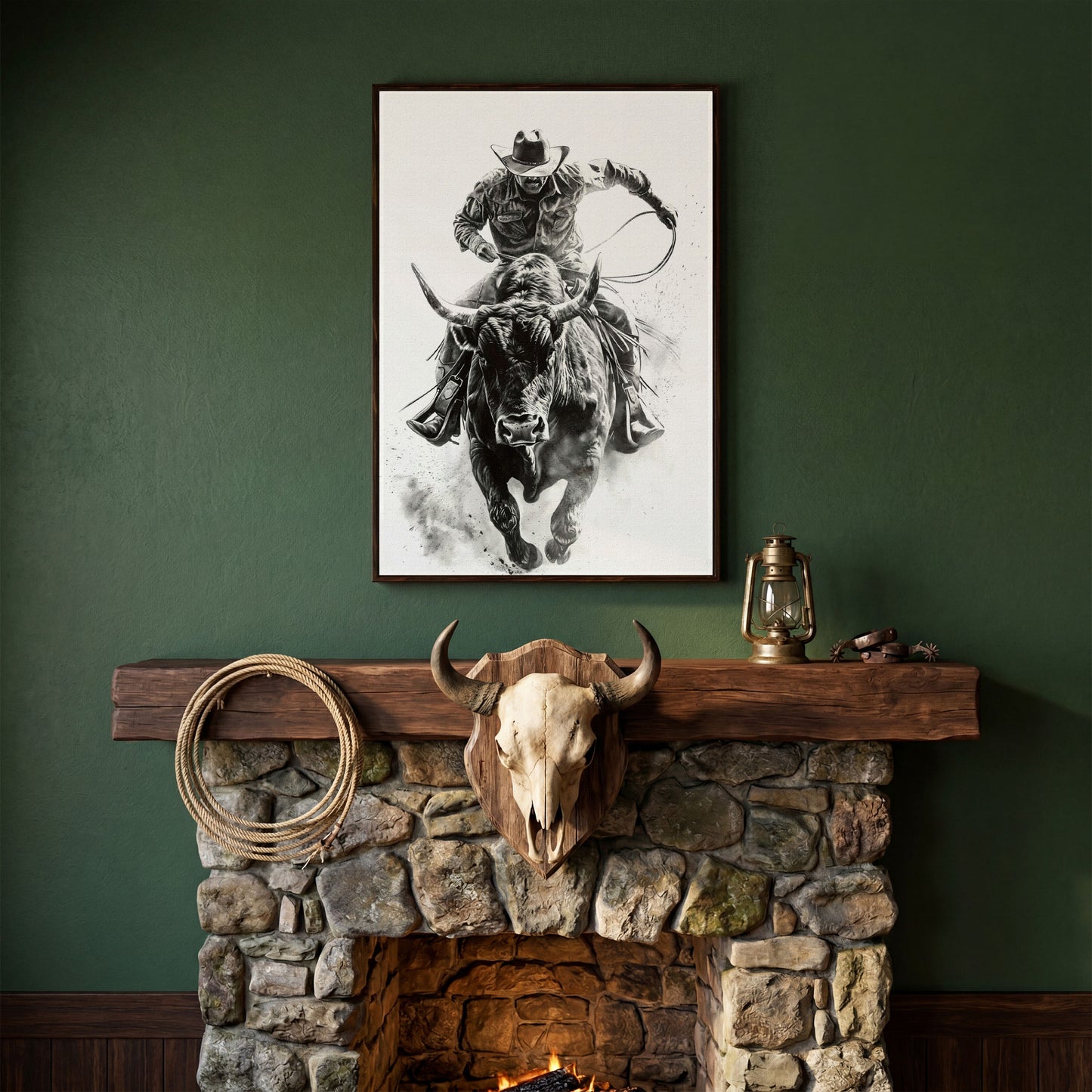 Bull Rider Rodeo Cowboy Canvas Wall Art, Western Sport in dark walnut floating frame