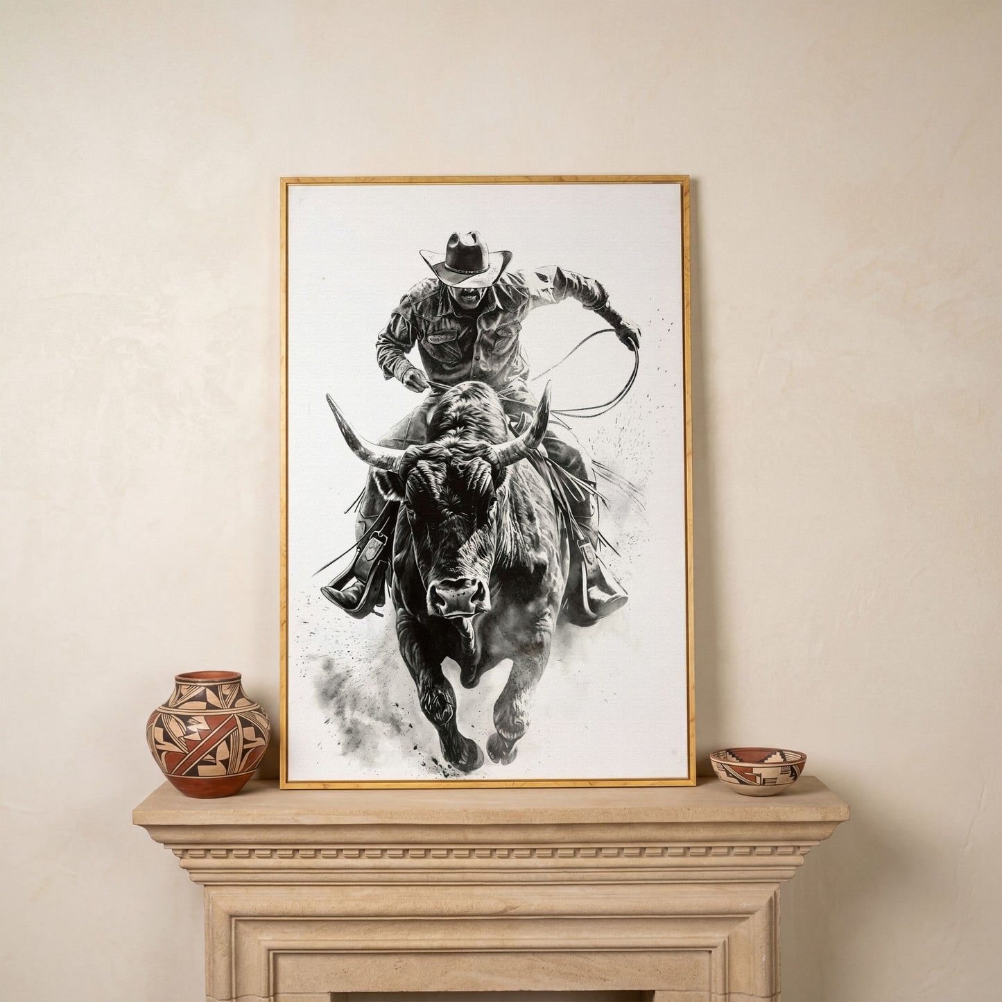Bull Rider Rodeo Cowboy Canvas Wall Art, Western Sport in white oak floating frame