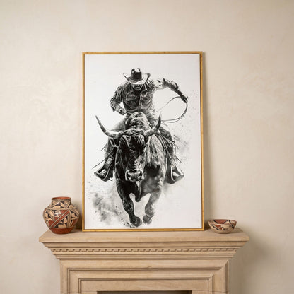 Bull Rider Rodeo Cowboy Canvas Wall Art, Western Sport in white oak floating frame