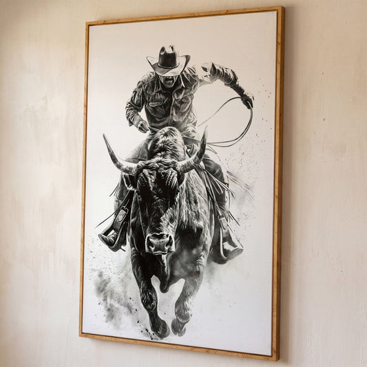 Bull Rider Rodeo Cowboy Canvas Wall Art, Western Sport shown in white oak floating frame