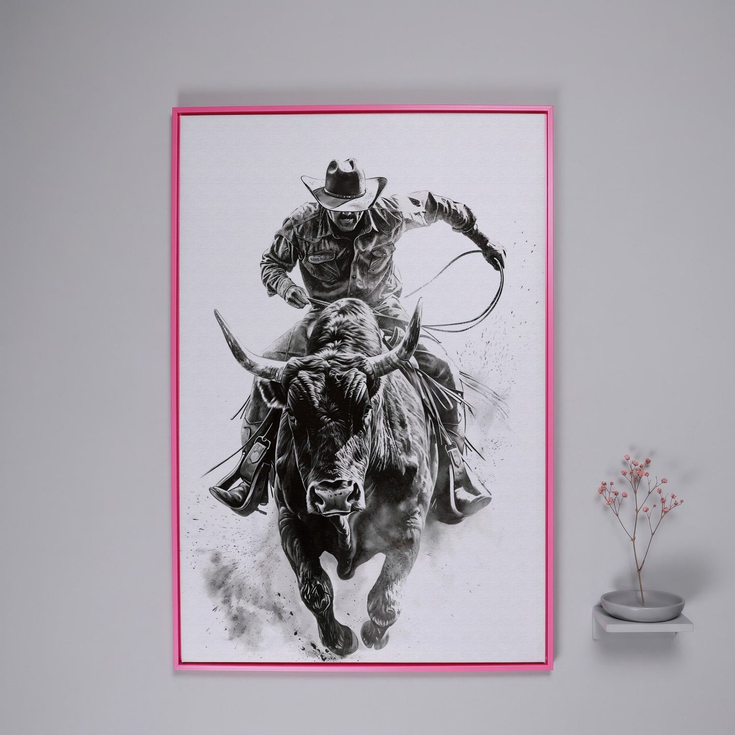 Bull Rider Rodeo Cowboy Canvas Wall Art, Western Sport in pink floating frame