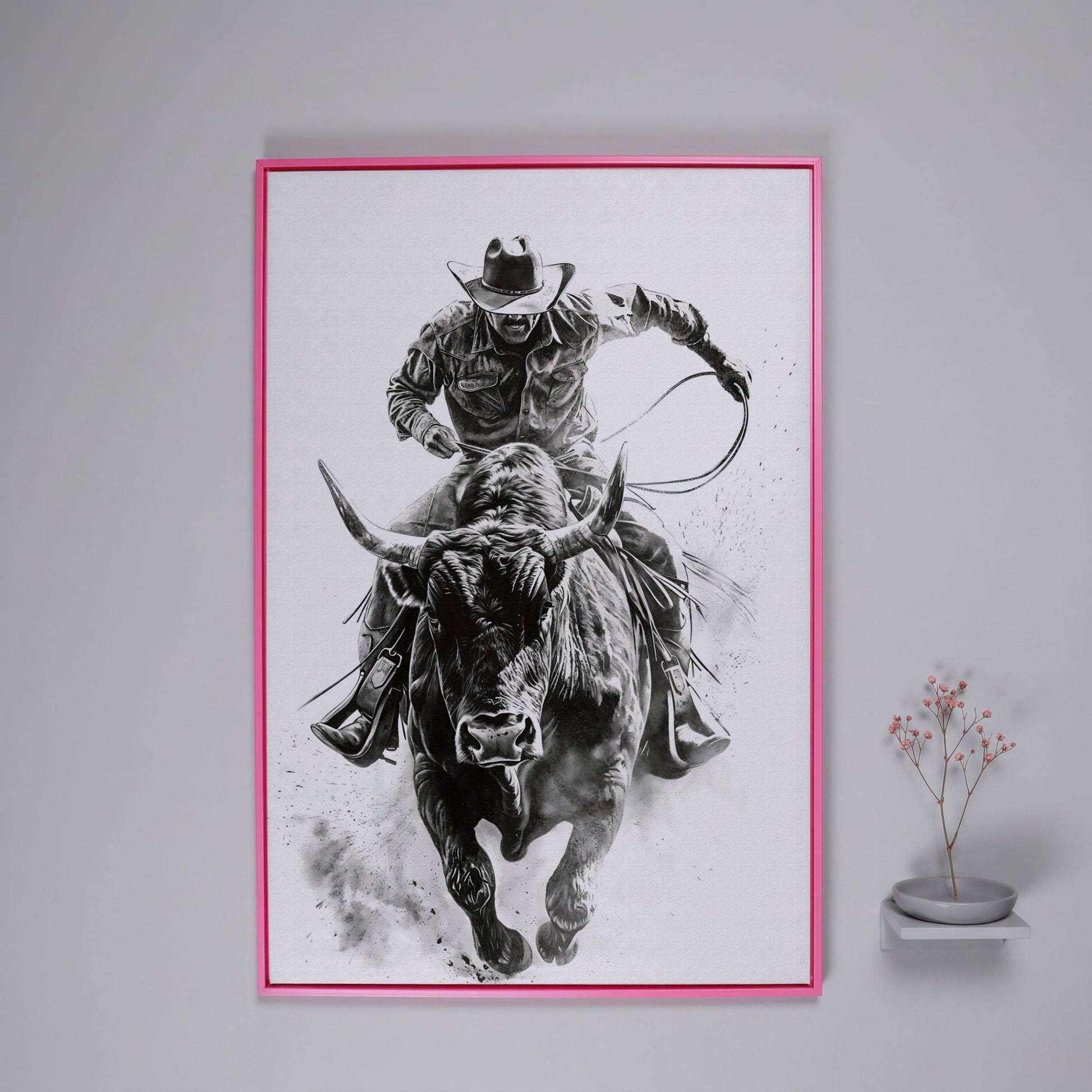 Bull Rider Rodeo Cowboy Canvas Wall Art, Western Sport in pink floating frame