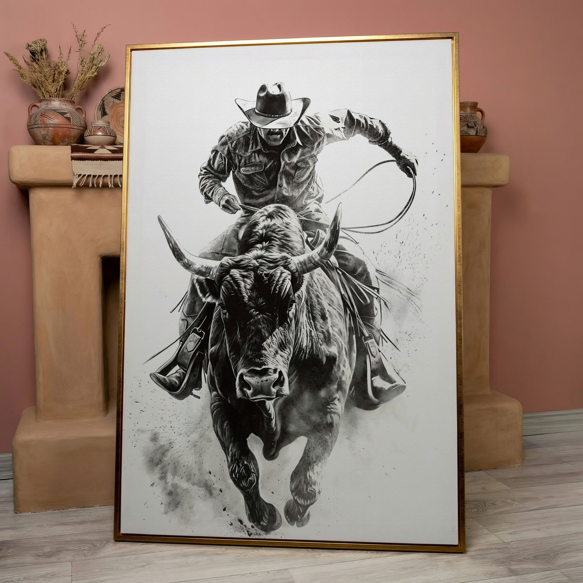 Bull Rider Rodeo Cowboy Canvas Wall Art, Western Sport in rose gold floating frame