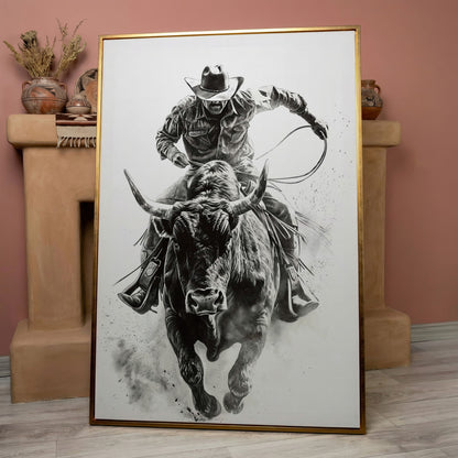 Bull Rider Rodeo Cowboy Canvas Wall Art, Western Sport in rose gold floating frame