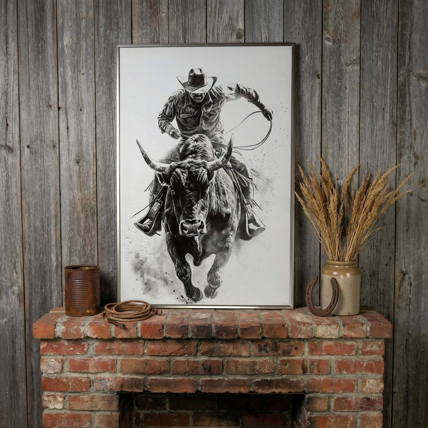 Bull Rider Rodeo Cowboy Canvas Wall Art, Western Sport in silver floating frame