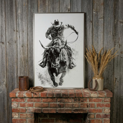 Bull Rider Rodeo Cowboy Canvas Wall Art, Western Sport in silver floating frame