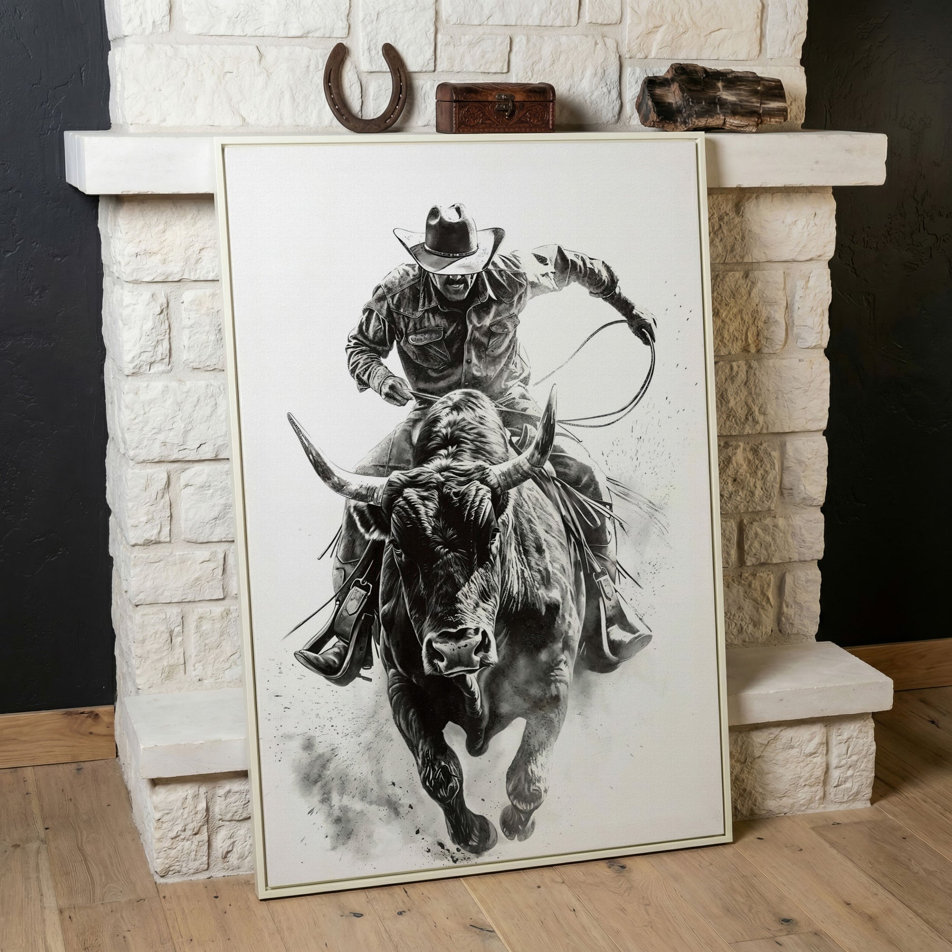 Bull Rider Rodeo Cowboy Canvas Wall Art, Western Sport in white floating frame