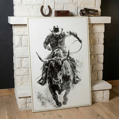 Bull Rider Rodeo Cowboy Canvas Wall Art, Western Sport in white floating frame