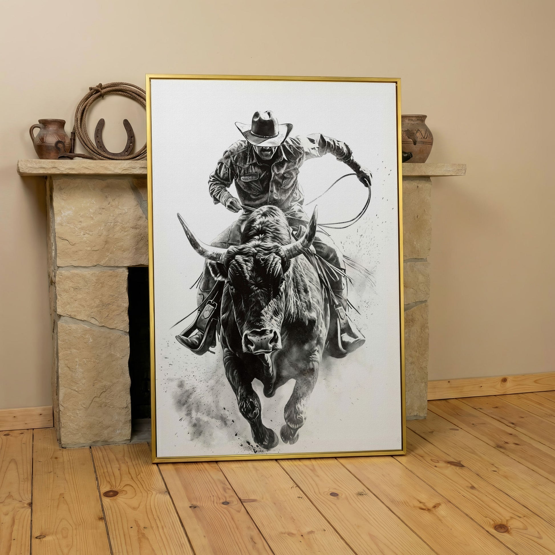 Bull Rider Rodeo Cowboy Canvas Wall Art, Western Sport in yellow gold floating frame