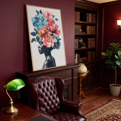 Black Woman Floral Headdress Portrait Canvas Wall Art in antique gold floating frame