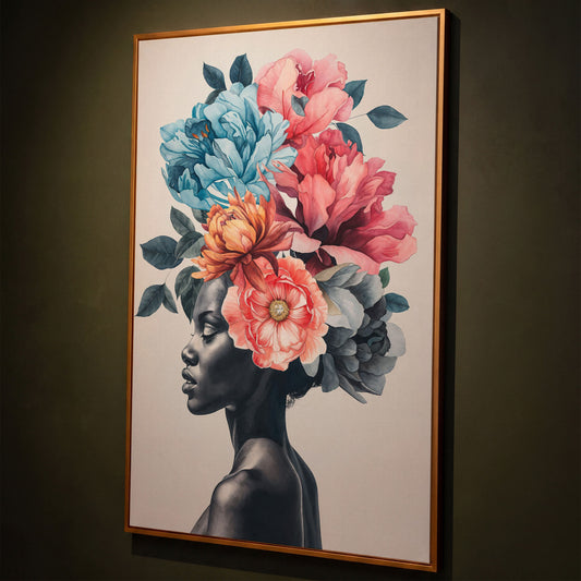 Black Woman Floral Headdress Portrait Canvas Wall Art shown in antique gold floating frame
