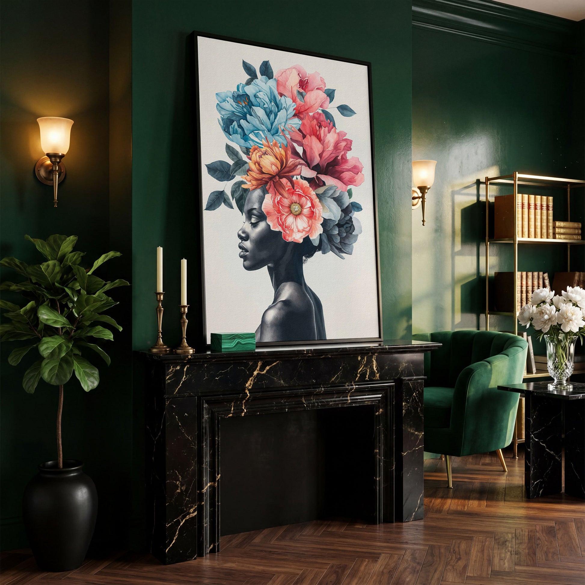 Black Woman Floral Headdress Portrait Canvas Wall Art in black floating frame