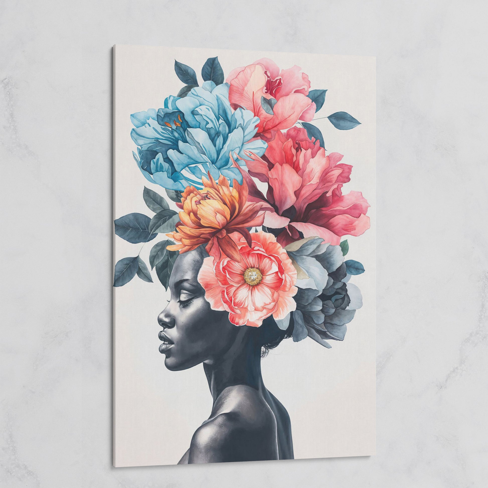 Black Woman Floral Headdress Portrait Canvas Wall Art on gallery wrap