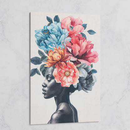 Black Woman Floral Headdress Portrait Canvas Wall Art on gallery wrap