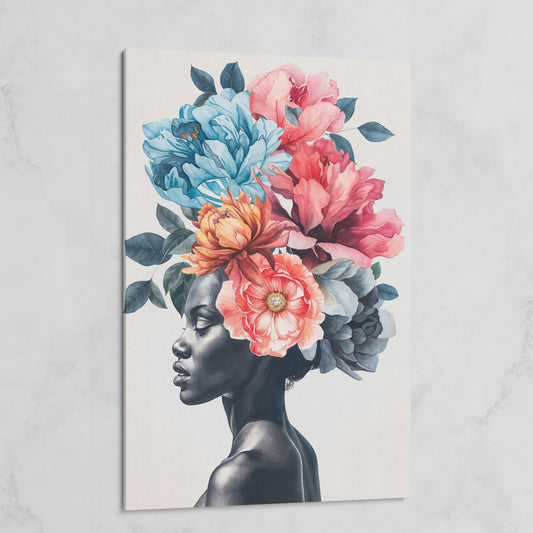 Black Woman Floral Headdress Portrait Canvas Wall Art on gallery wrap