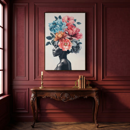 Black Woman Floral Headdress Portrait Canvas Wall Art in dark walnut floating frame