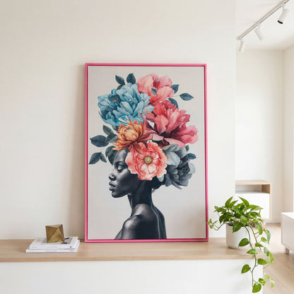 Black Woman Floral Headdress Portrait Canvas Wall Art in pink floating frame
