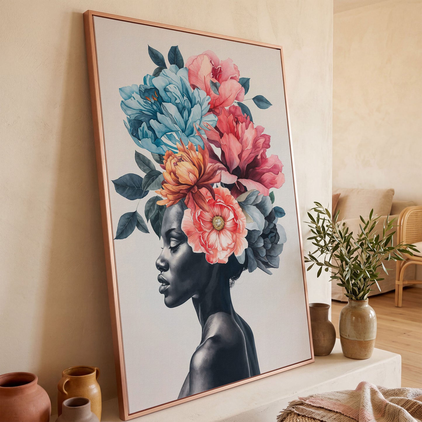 Black Woman Floral Headdress Portrait Canvas Wall Art in rose gold floating frame