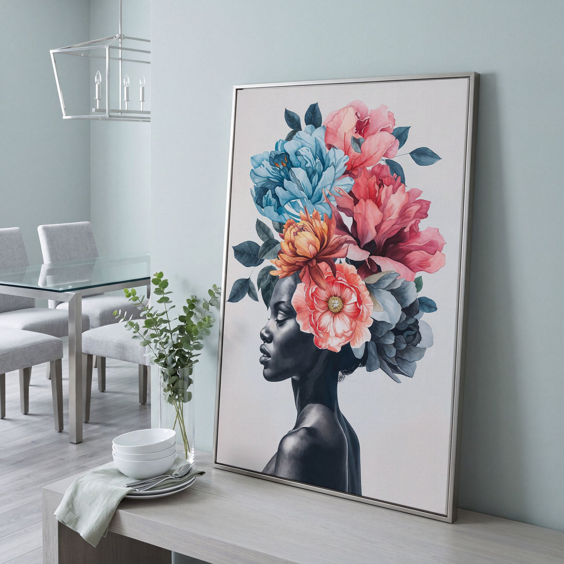 Black Woman Floral Headdress Portrait Canvas Wall Art in silver floating frame