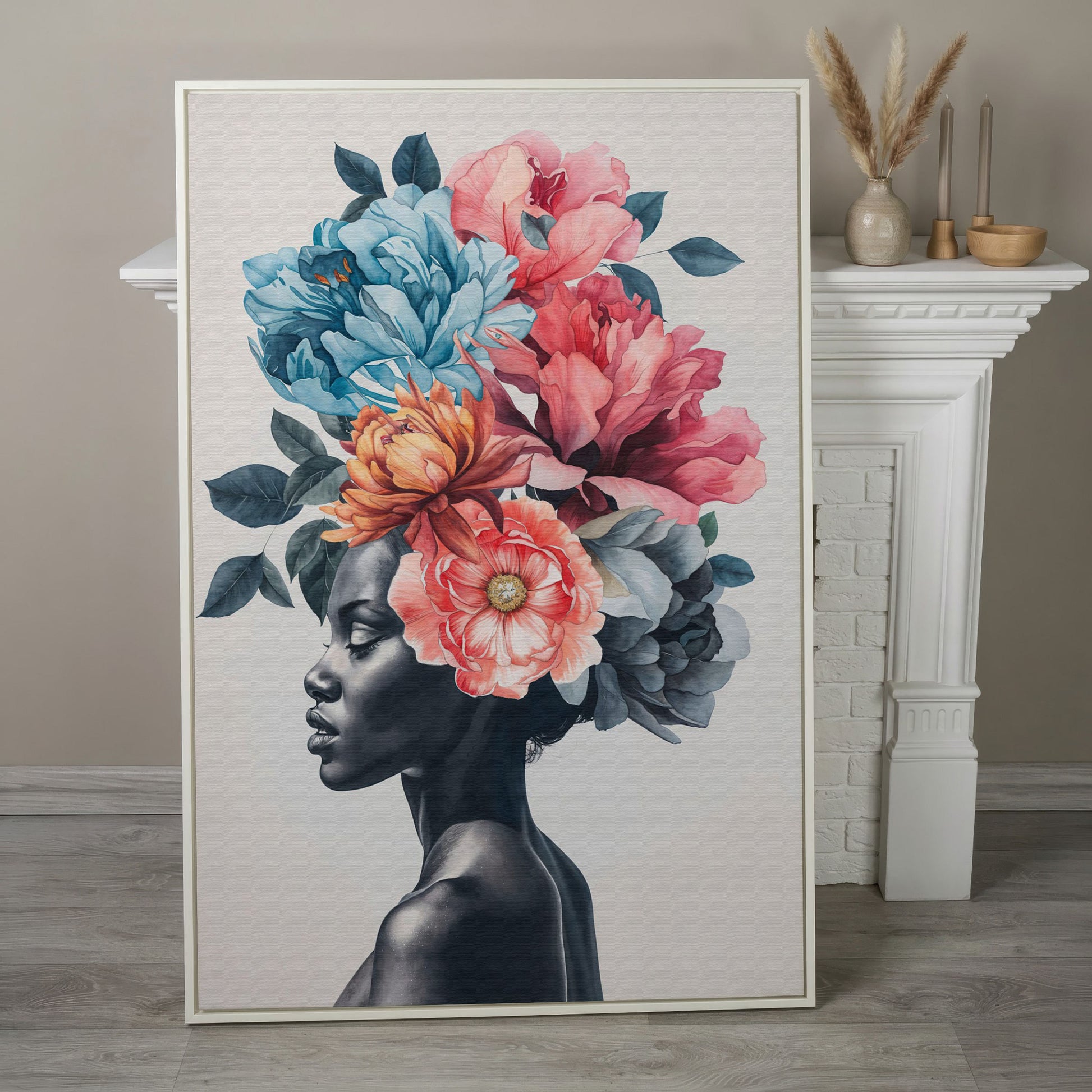 Black Woman Floral Headdress Portrait Canvas Wall Art in white floating frame