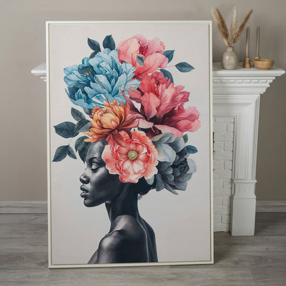 Black Woman Floral Headdress Portrait Canvas Wall Art in white floating frame