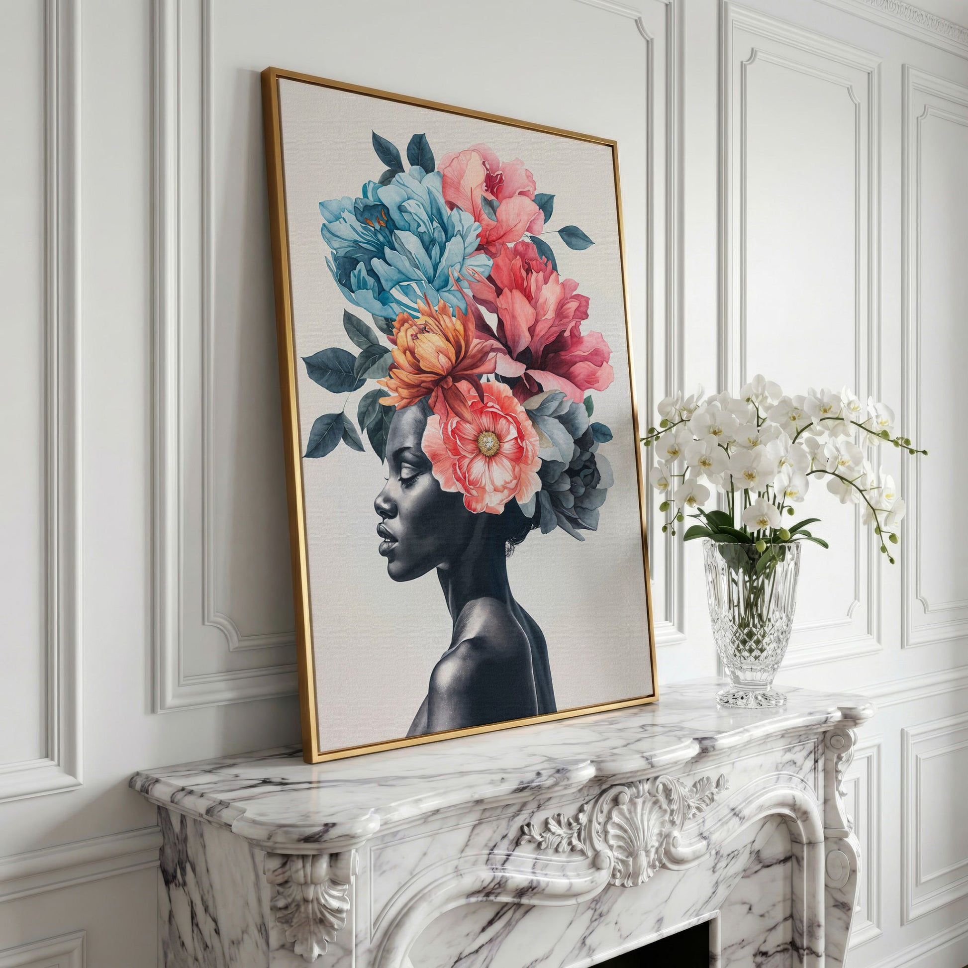 Black Woman Floral Headdress Portrait Canvas Wall Art in yellow gold floating frame