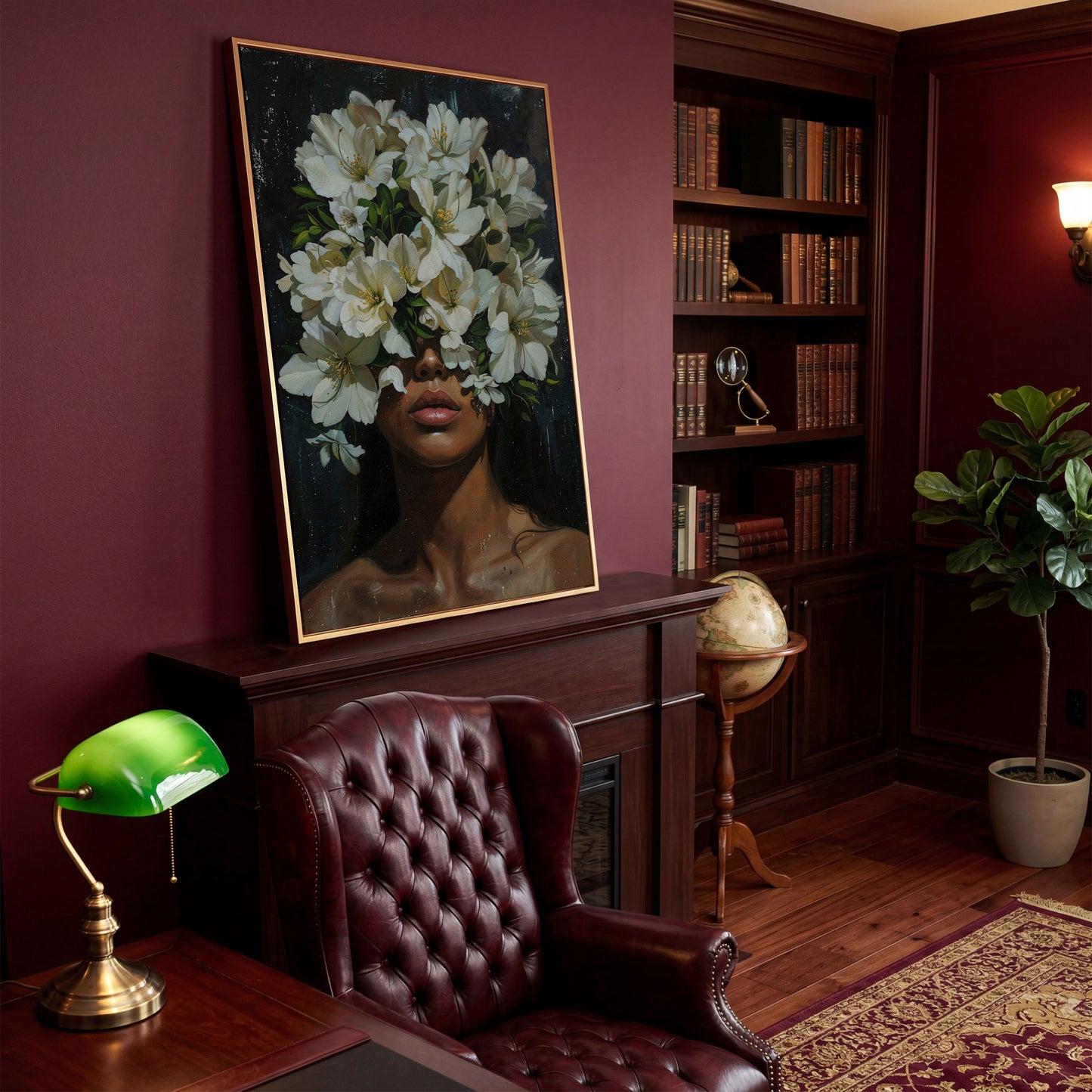 Black Girl Portrait with Flowers Canvas Print in antique gold floating frame