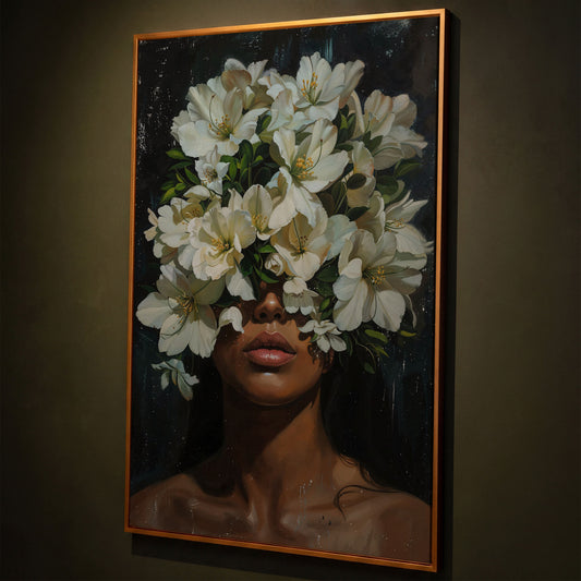 Black Girl Portrait with Flowers Canvas Print shown in antique gold floating frame