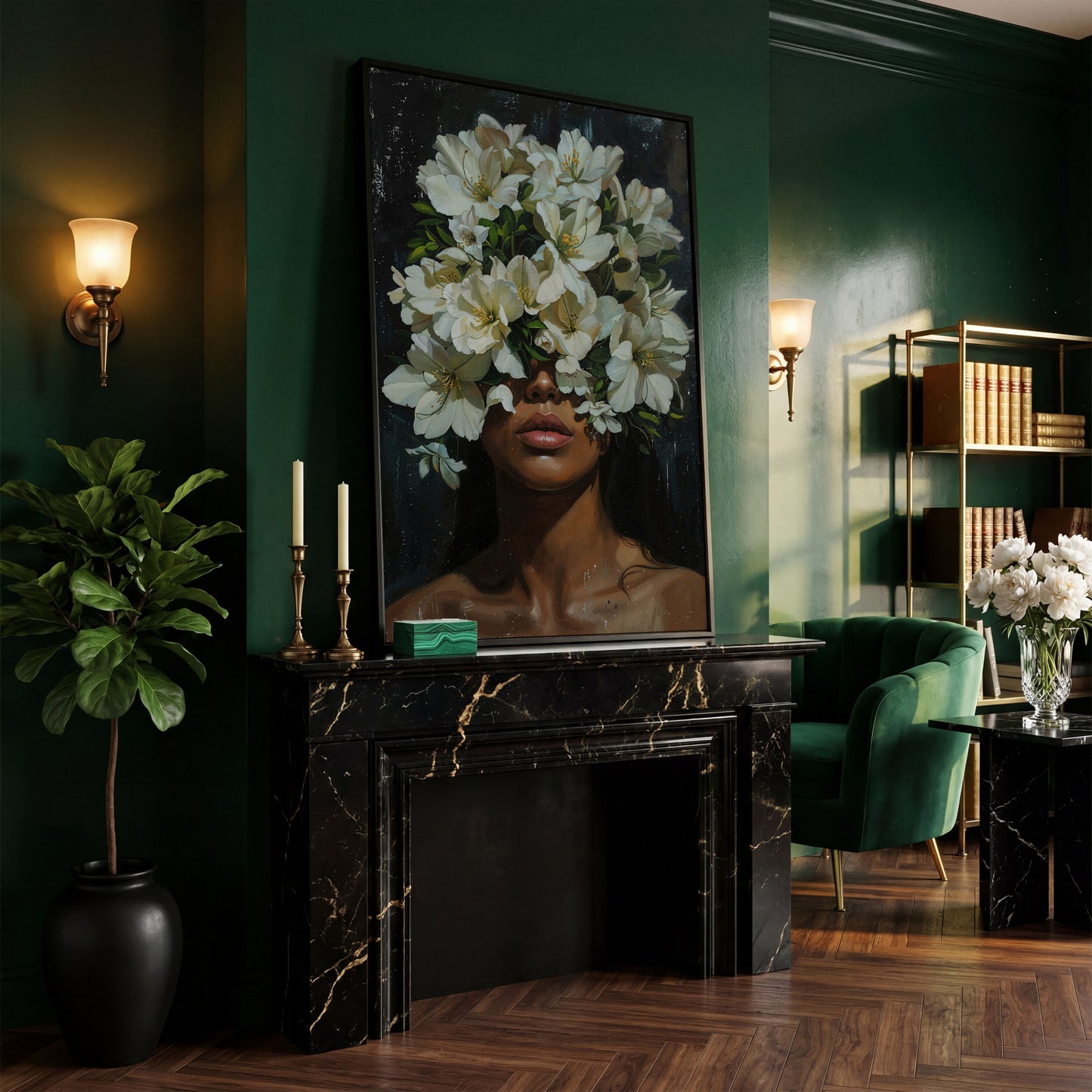 Black Girl Portrait with Flowers Canvas Print in black floating frame