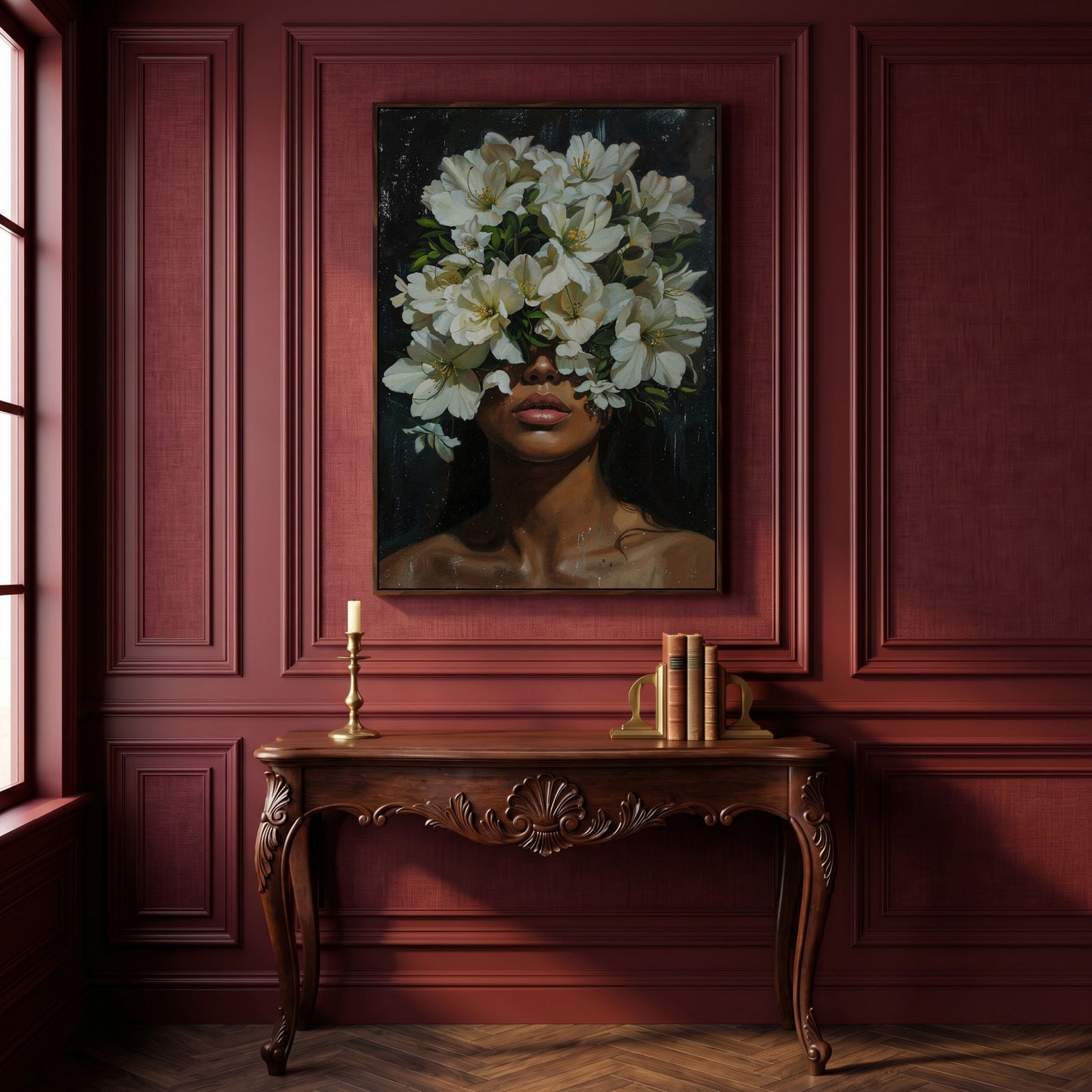 Black Girl Portrait with Flowers Canvas Print in dark walnut floating frame