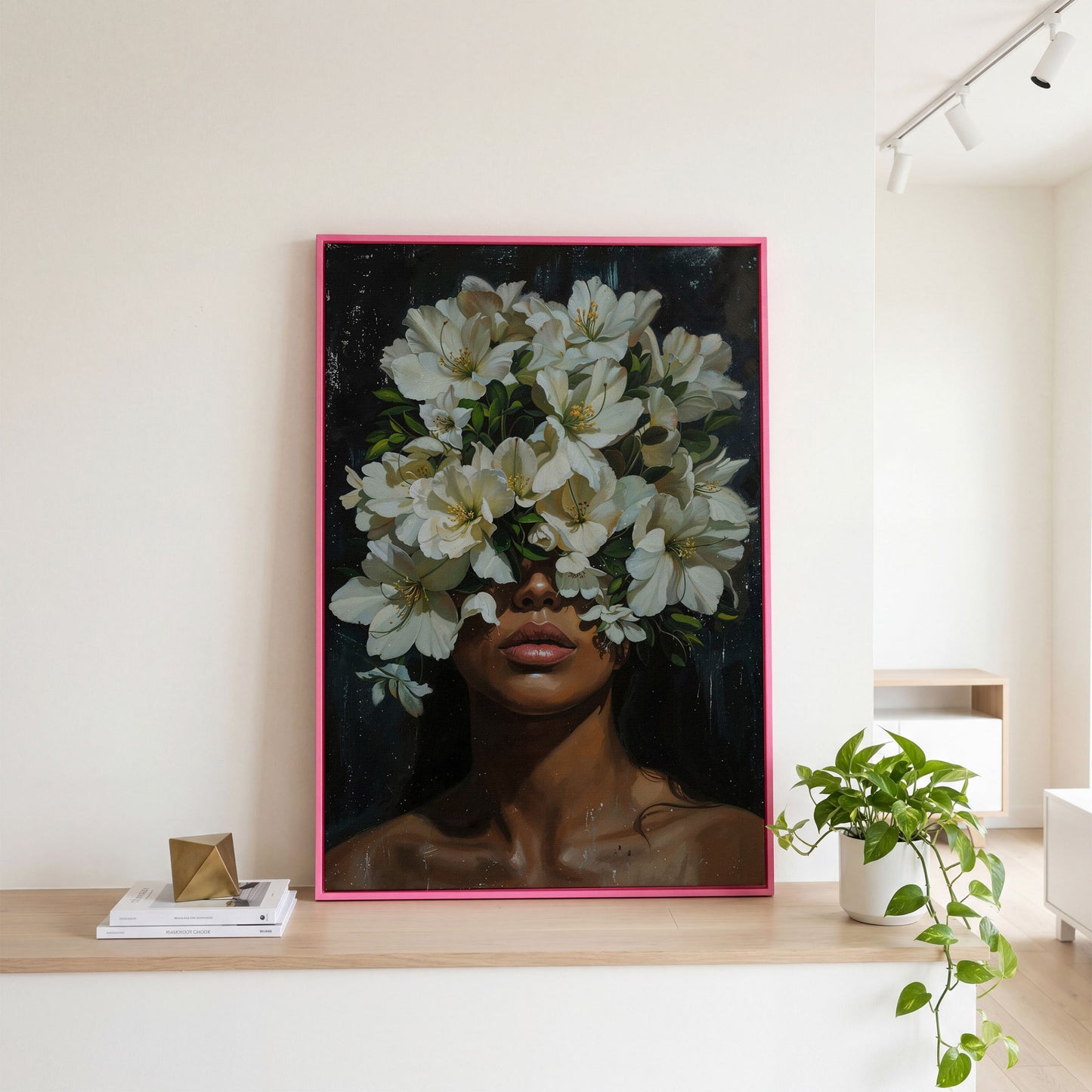 Black Girl Portrait with Flowers Canvas Print in pink floating frame