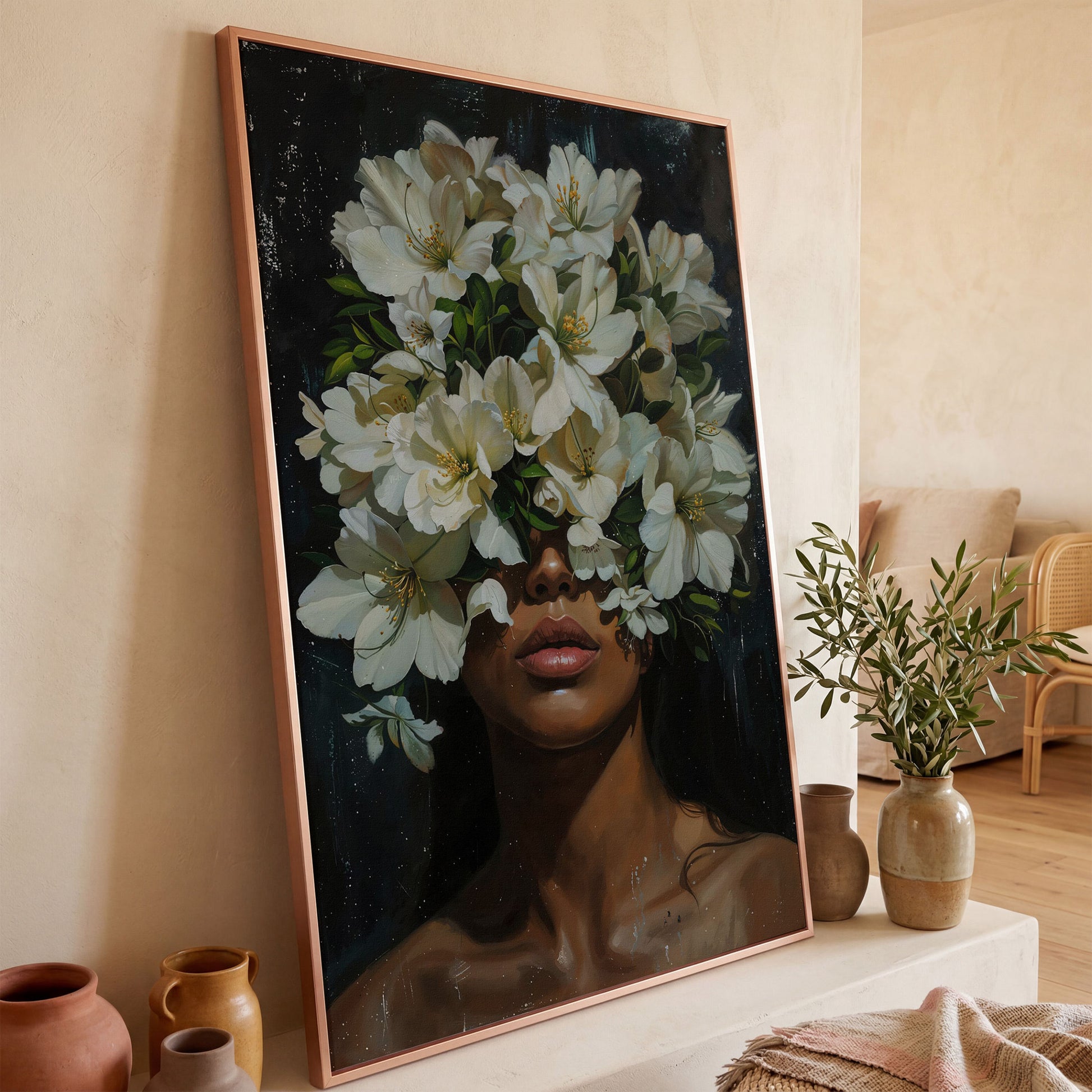 Black Girl Portrait with Flowers Canvas Print in rose gold floating frame