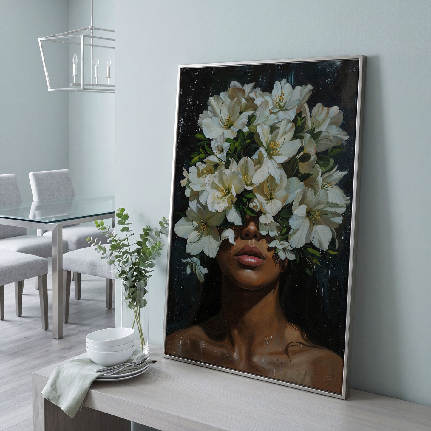 Black Girl Portrait with Flowers Canvas Print in silver floating frame