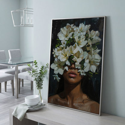 Black Girl Portrait with Flowers Canvas Print in silver floating frame