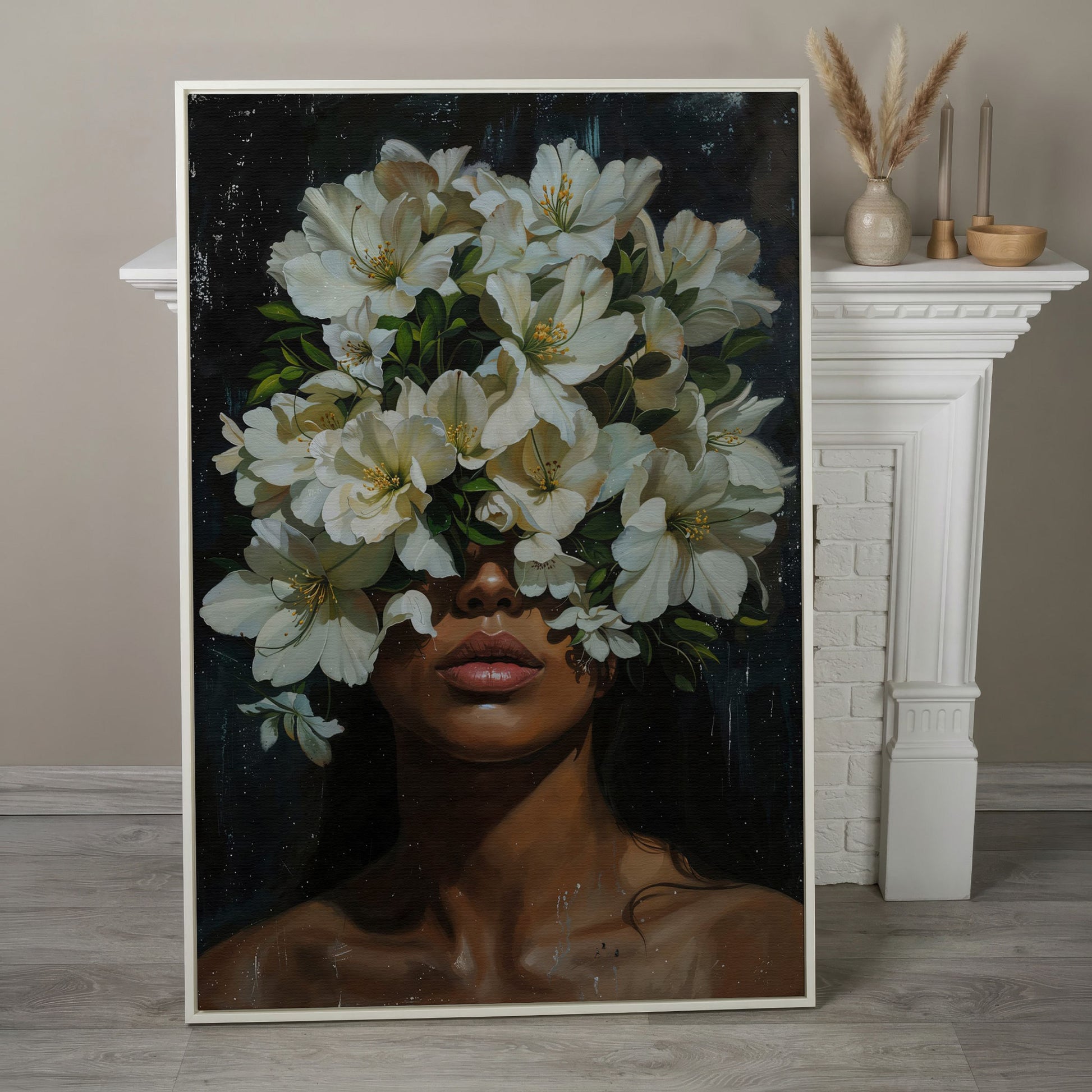 Black Girl Portrait with Flowers Canvas Print in white floating frame