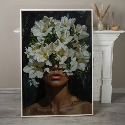 Black Girl Portrait with Flowers Canvas Print in white floating frame