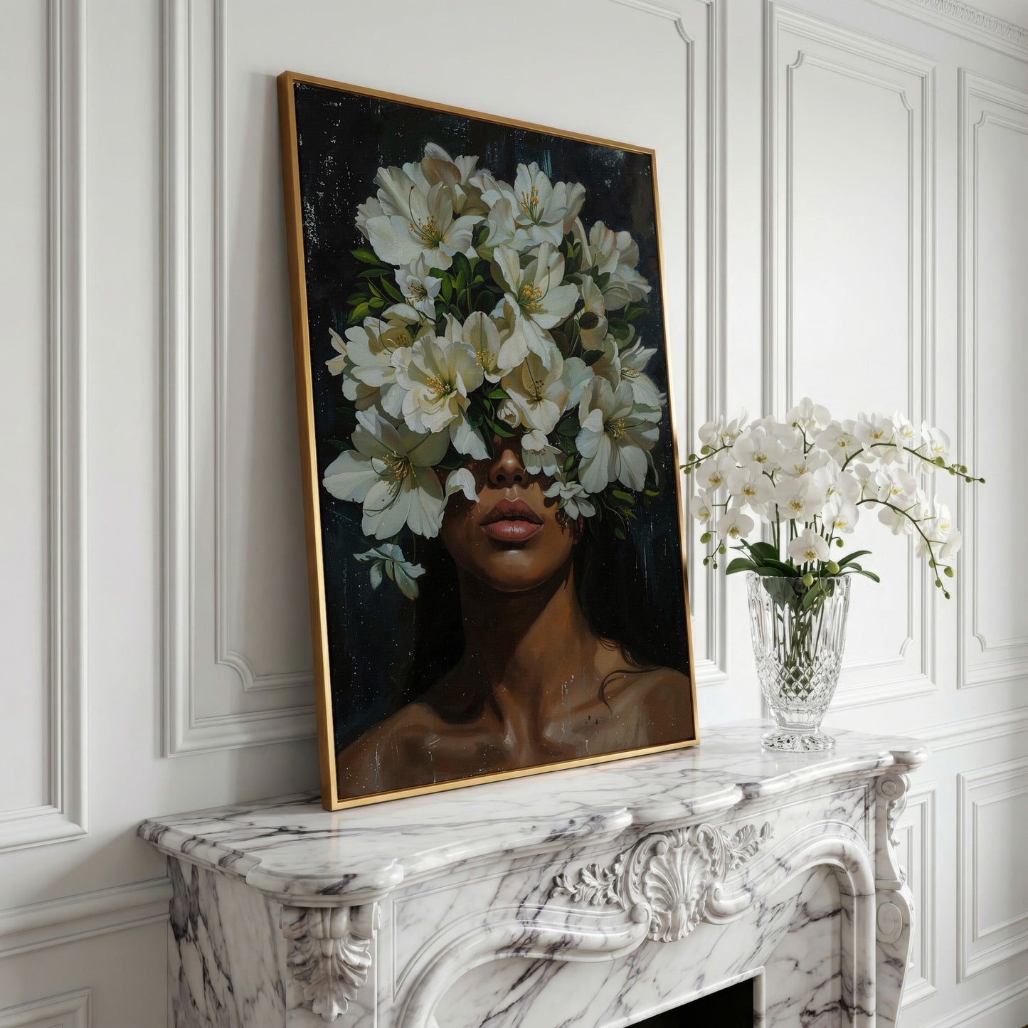 Black Girl Portrait with Flowers Canvas Print in yellow gold floating frame