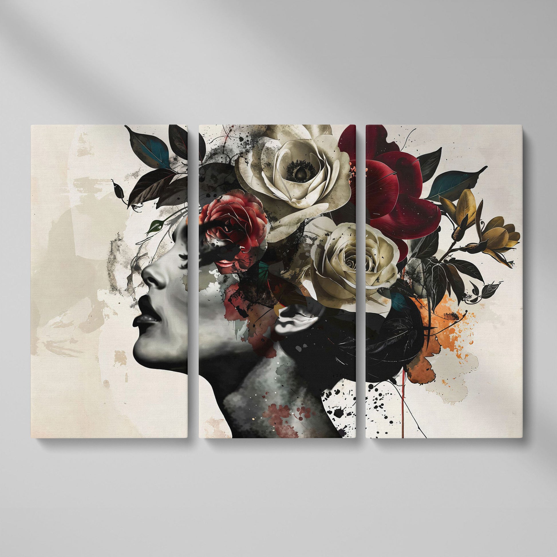 Flower Head Woman Canvas Print Portrait as 3-panel split version