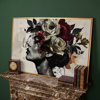 Flower Head Woman Canvas Print Portrait in antique gold floating frame