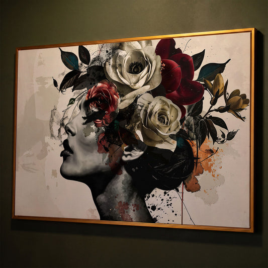 Flower Head Woman Canvas Print Portrait shown in antique gold floating frame