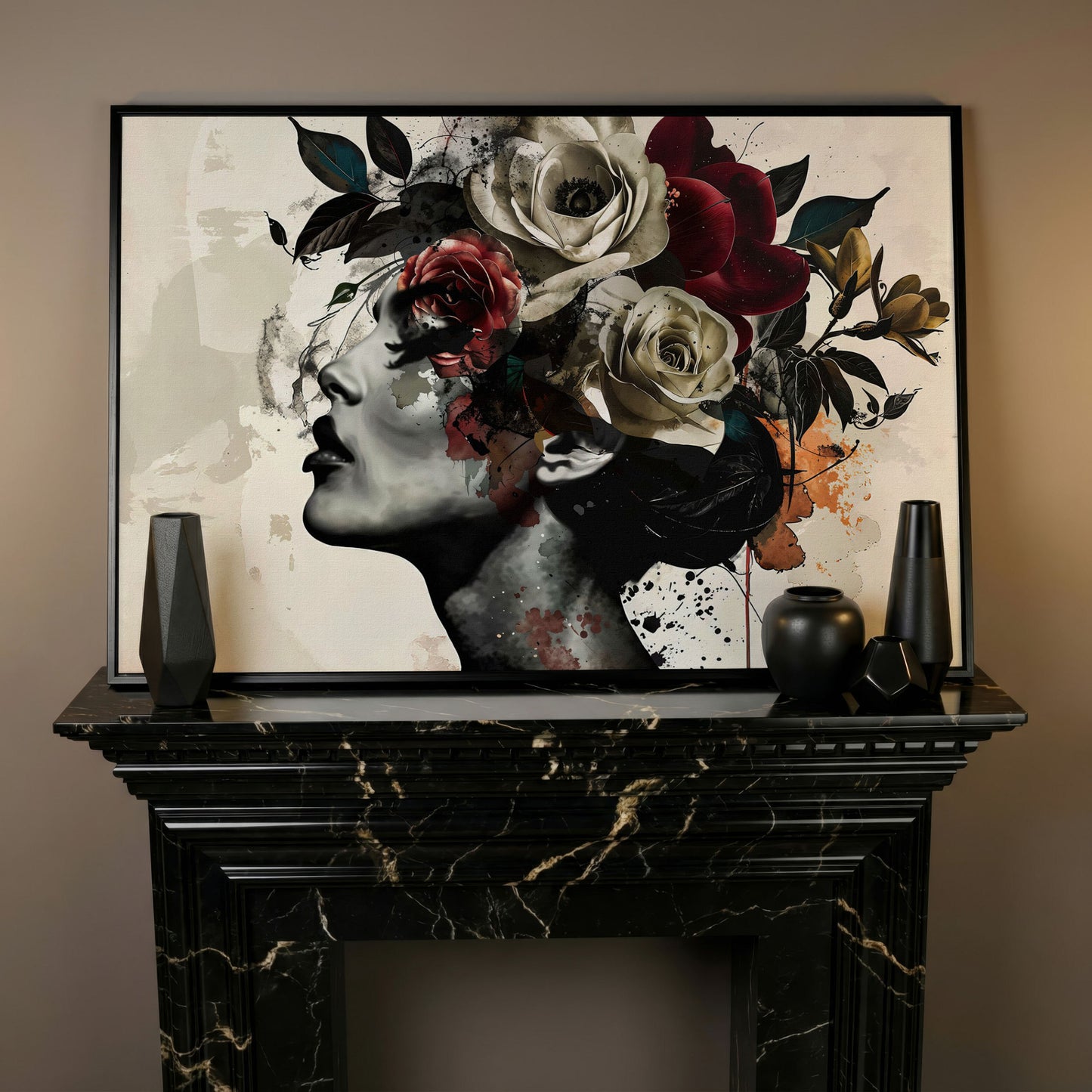 Flower Head Woman Canvas Print Portrait in black floating frame