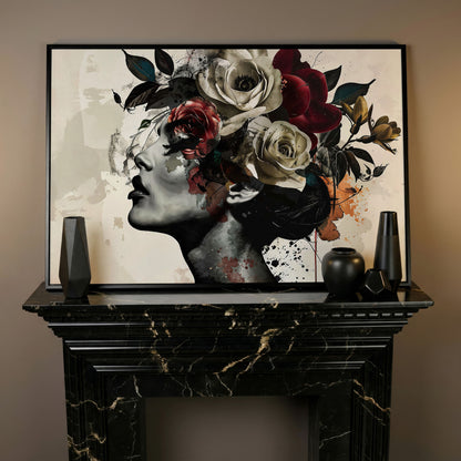 Flower Head Woman Canvas Print Portrait in black floating frame