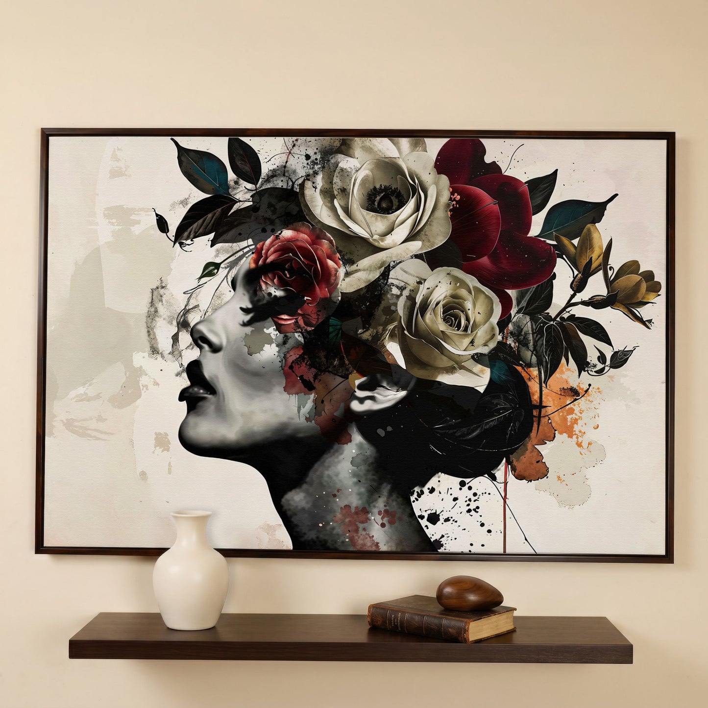 Flower Head Woman Canvas Print Portrait in dark walnut floating frame