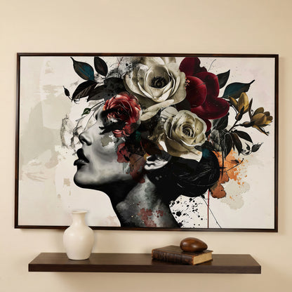 Flower Head Woman Canvas Print Portrait in dark walnut floating frame