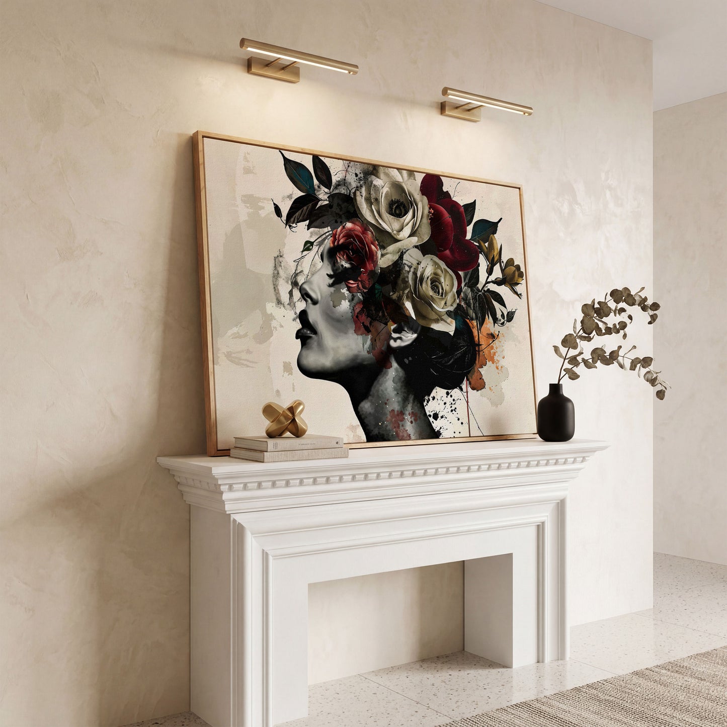 Flower Head Woman Canvas Print Portrait in white oak floating frame
