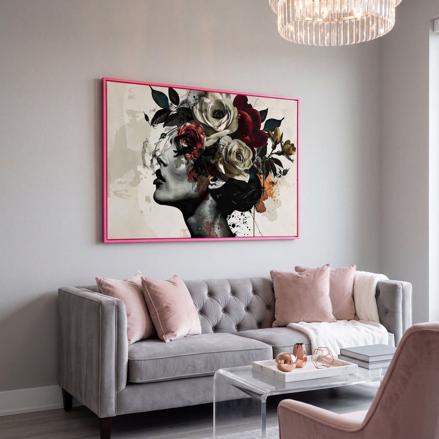 Flower Head Woman Canvas Print Portrait in pink floating frame