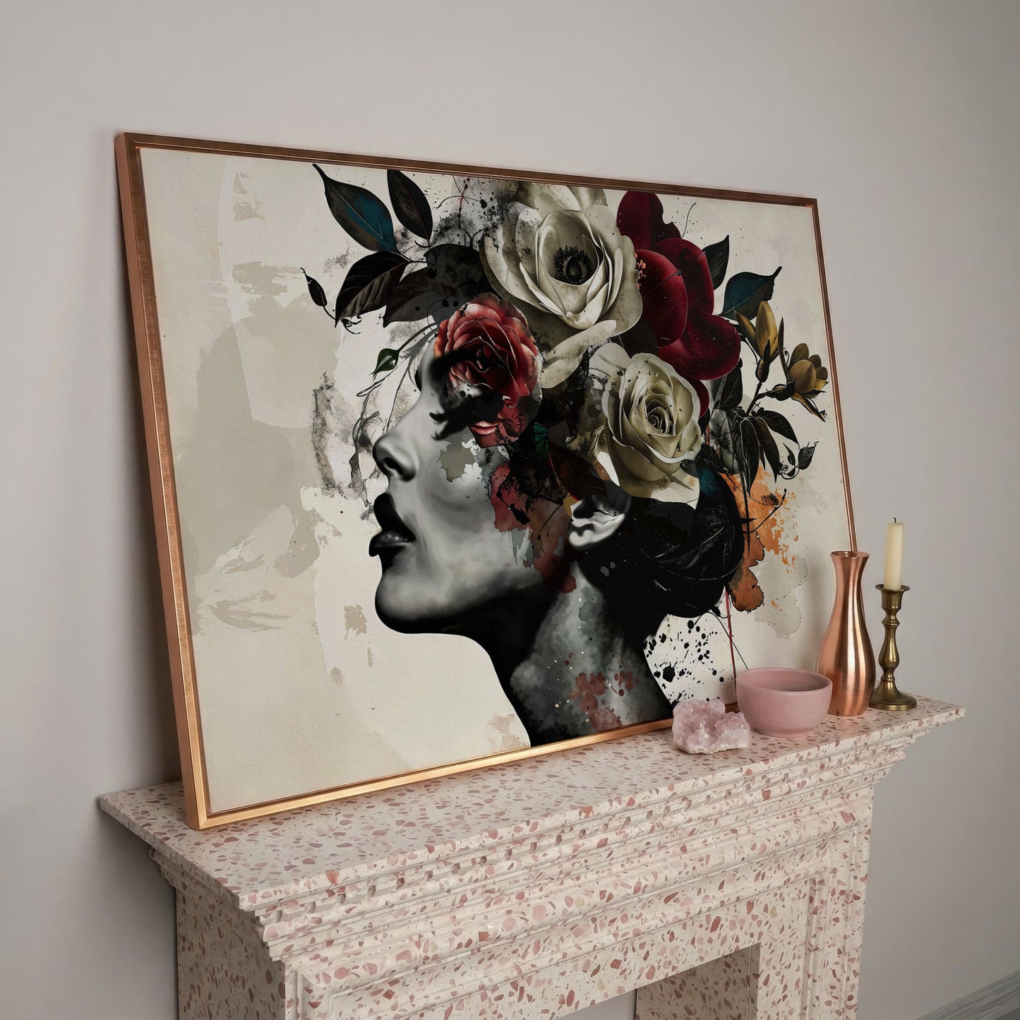 Flower Head Woman Canvas Print Portrait in rose gold floating frame