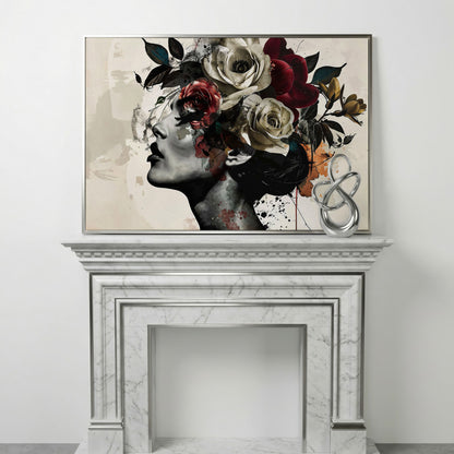 Flower Head Woman Canvas Print Portrait in silver floating frame