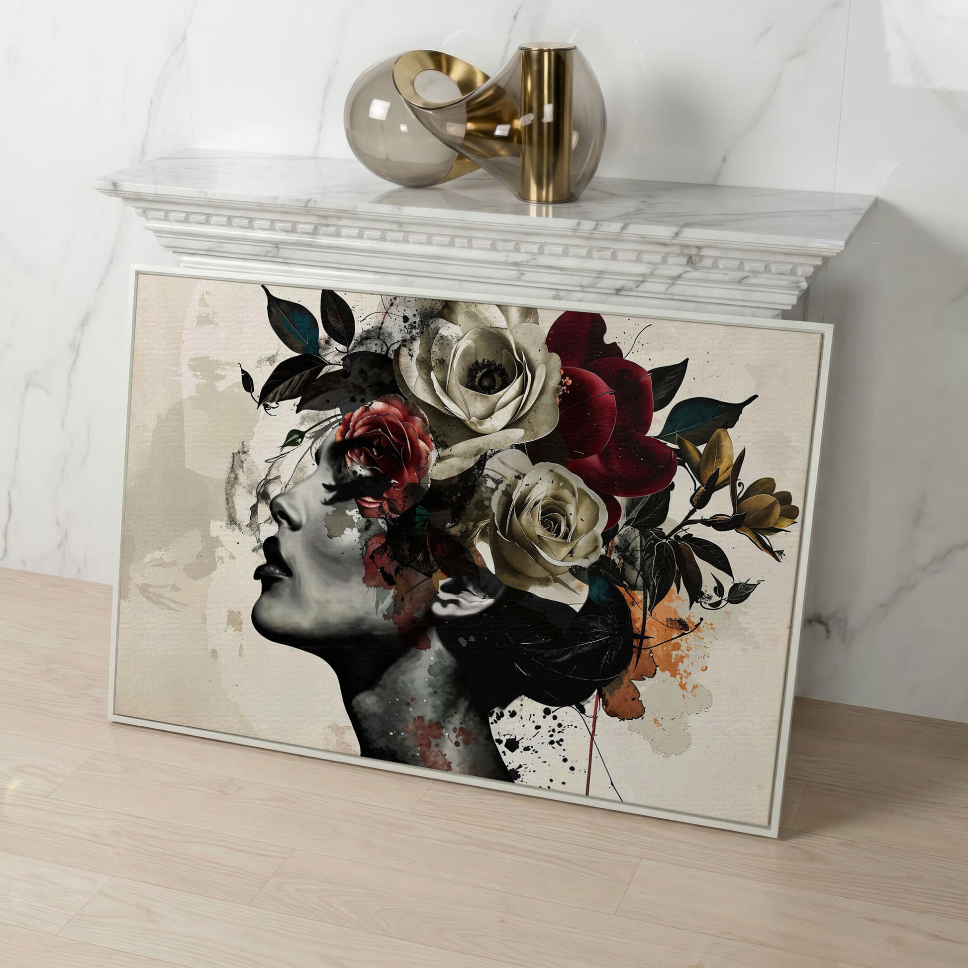 Flower Head Woman Canvas Print Portrait in white floating frame