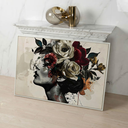 Flower Head Woman Canvas Print Portrait in white floating frame